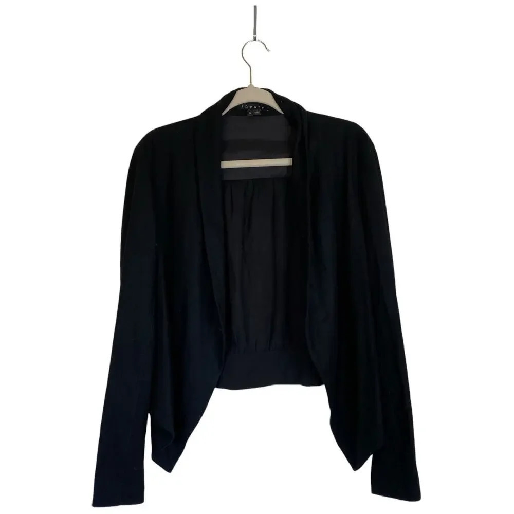THEORY Wool Silk Open Front Cardigan Black Size 10 Elegant Chic Capsule Basic